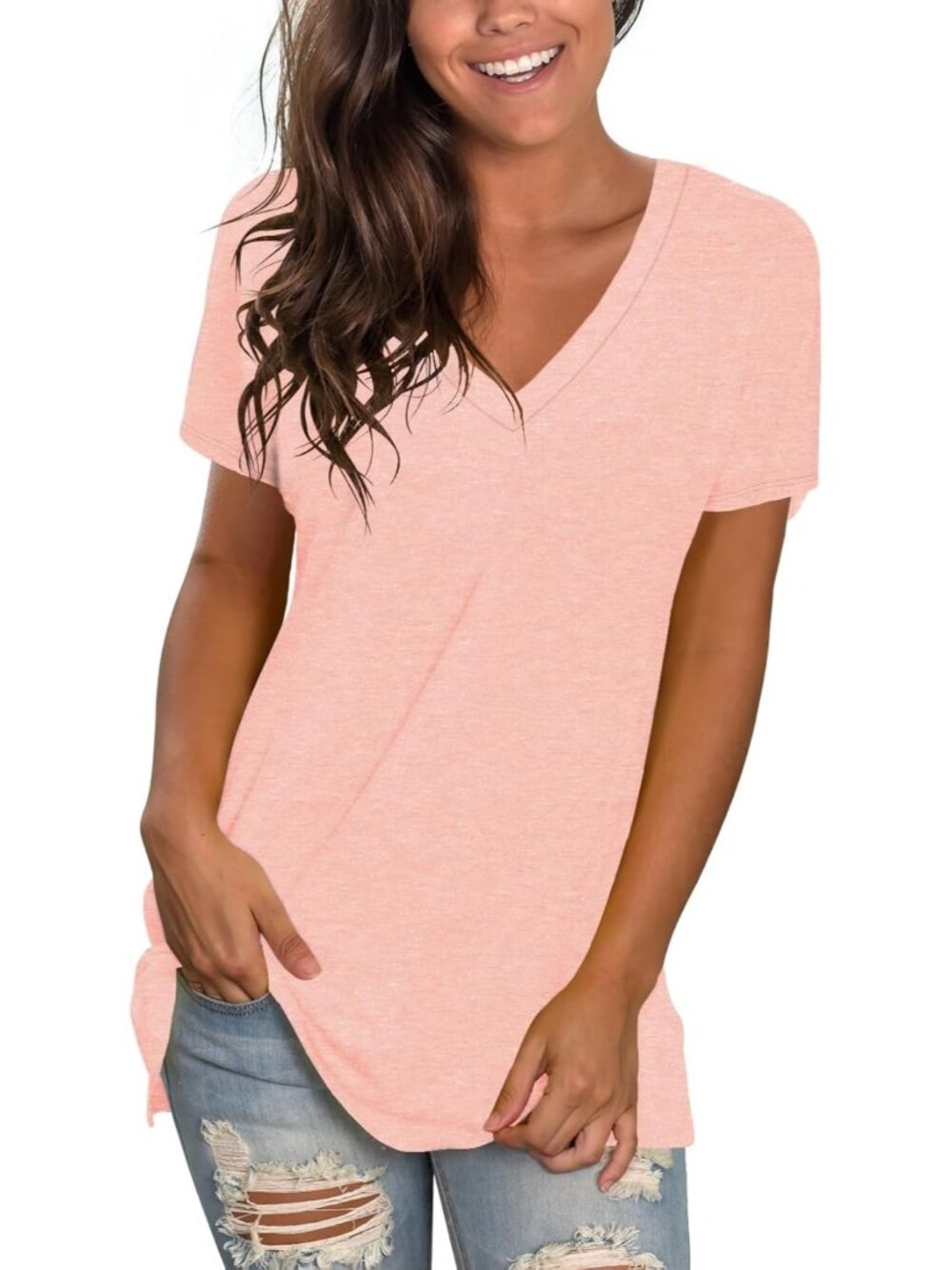 〽️Women Pink Basic V Neck Tee Loose Fitting Casual Short Sleeve Tops T Shirt